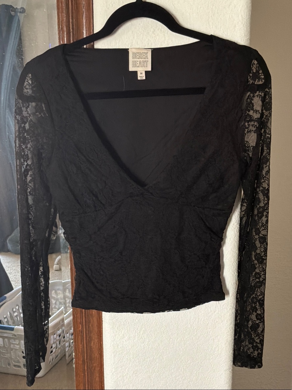 Derek Heart Black Lace Deep V Long-Sleeve Blouse